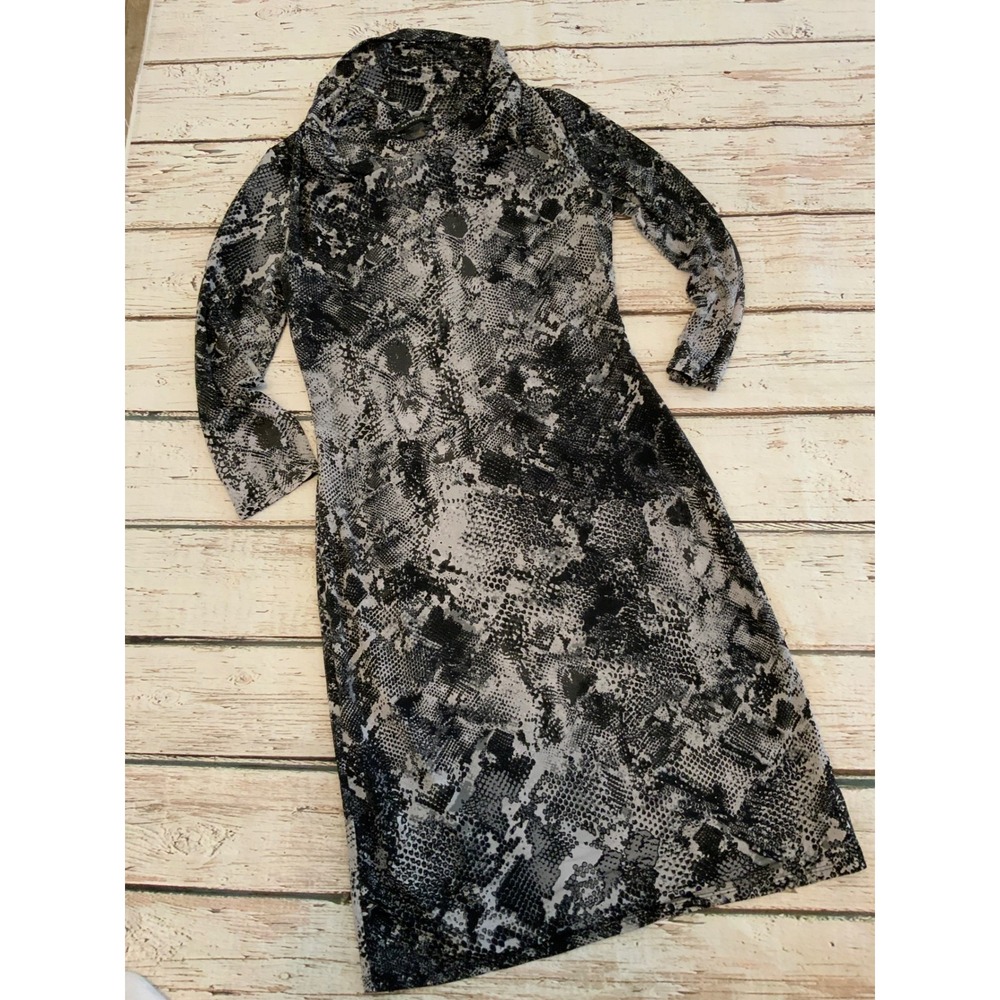 Natorious Womens Snakeskin Print Cowl Neck Long Sleeve Sheath Dress Gray Small